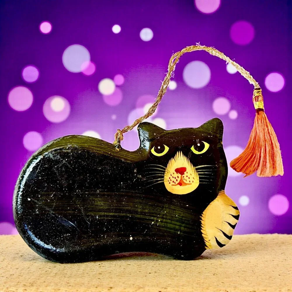 Vintage Wood Black Cat Christmas Hanging Ornament Hand Painted DOUBLE SIDED